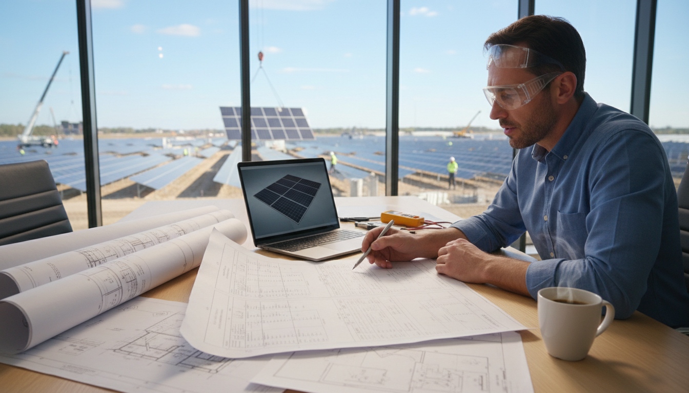 Solar engineer reviewing PV module datasheet and system drawings to connect module specifications with project design and long-term performance